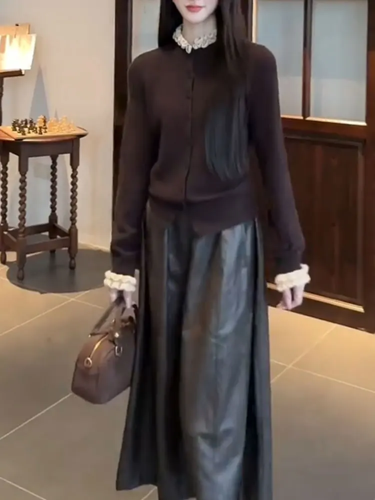 

Casual Knitted f-length Skirt Set with Wood ain Open Cardigan Faionable Early Autumn New Arrival Women's Ensemble