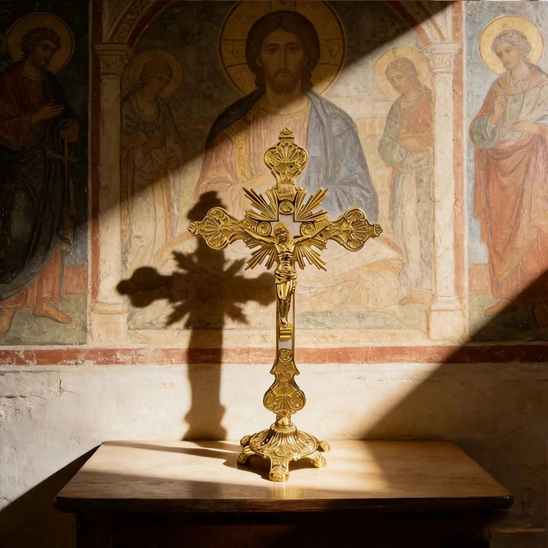 Neues 2026 Traditionelles Vergoldetes Orthodoxes Kruzifix mit INRI-Gravur, Stehendes Kreuz für Altarausstellung und Gottesdienst-Rituale, Geschenk – Detail 4