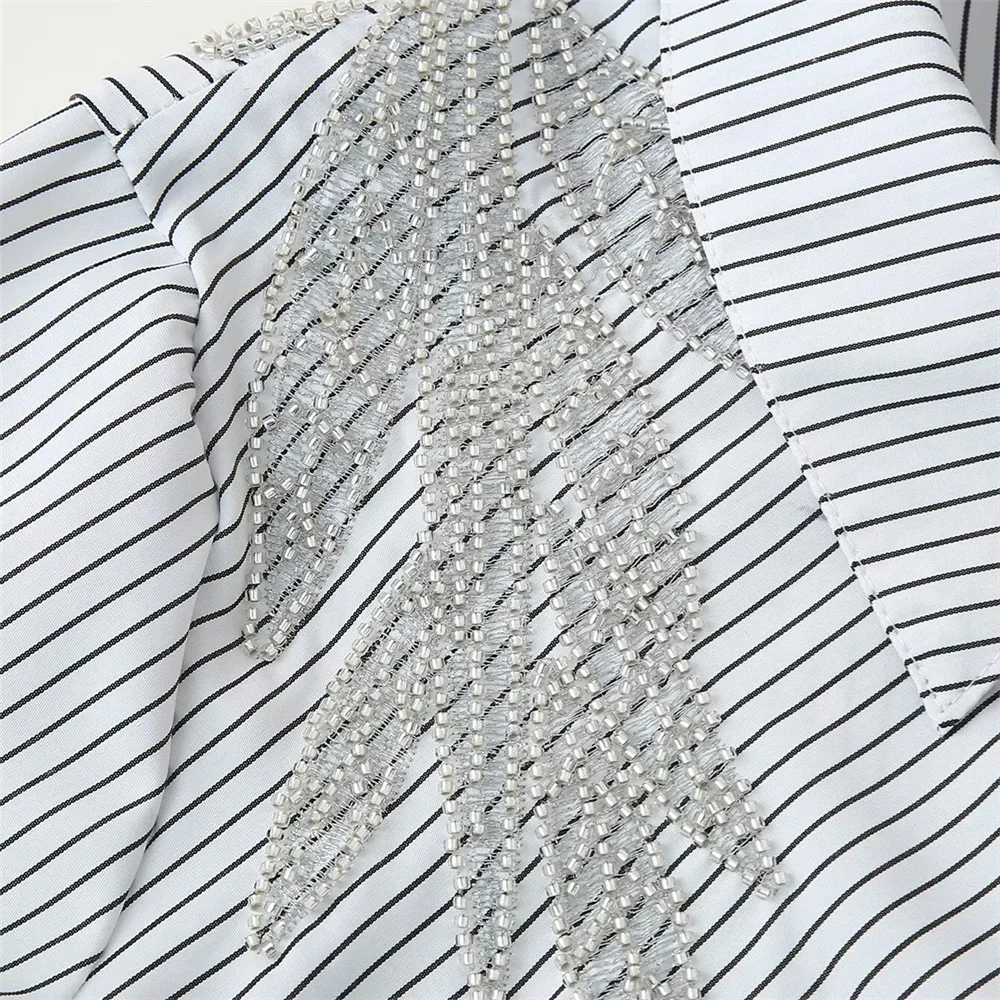 Pop 2025 Autumn New European And American Style Fashionable Niche Temperament Bead Embroidery Striped Shirt