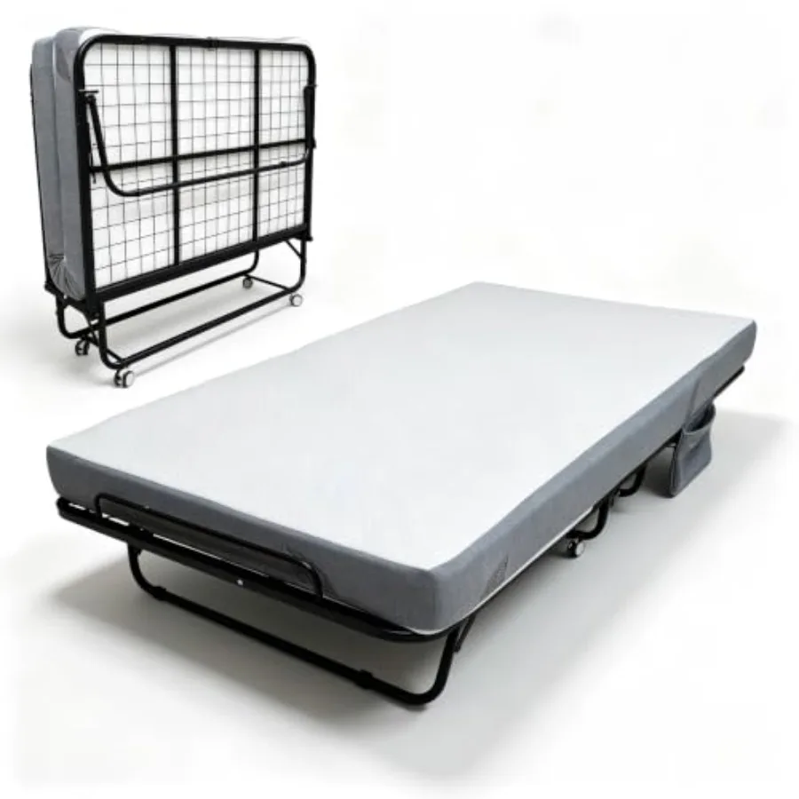 Folding Bed with 6 Inch Memory Foam Mattress for Guest Room or Dorm Use, Compact Rollaway Design in Gray, Easy Setup and Space-