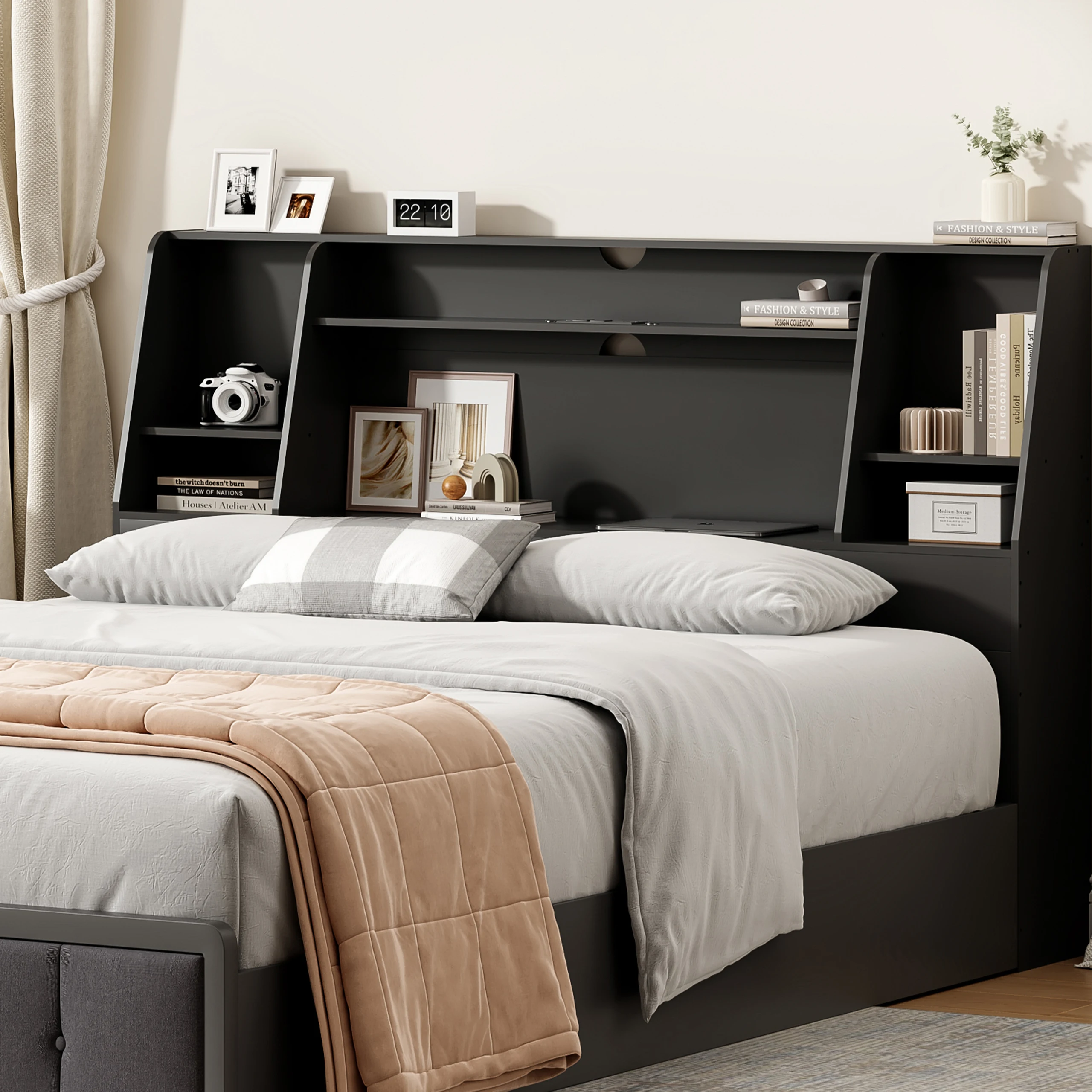 Bookcase Headboard with LED Li - Bookcase Wood Shelf recension och pris