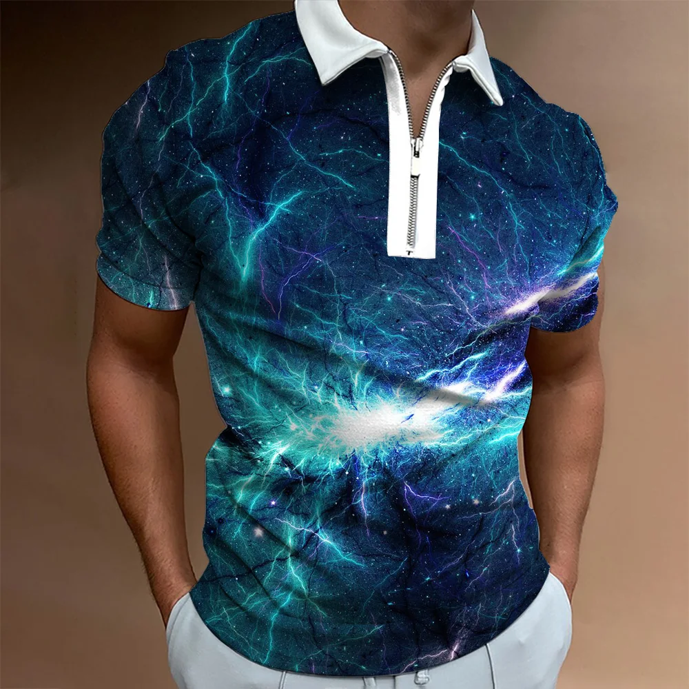 

Summer Galaxy Style Men Polo Shirt 3d Colorful Print Polo Shirts Casual Short Sleeve Cool Zipper Poloshirt Fitness Mens Clothing