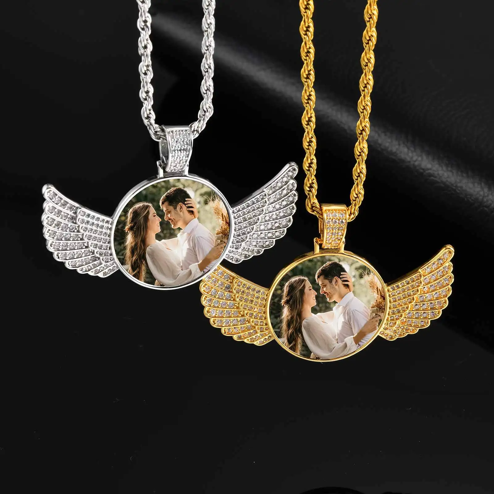 

Hip Hop Photo Necklace for Men Boys,Personalized Pictue Wings Round Pendant Necklace,Anniversary Father's Gift