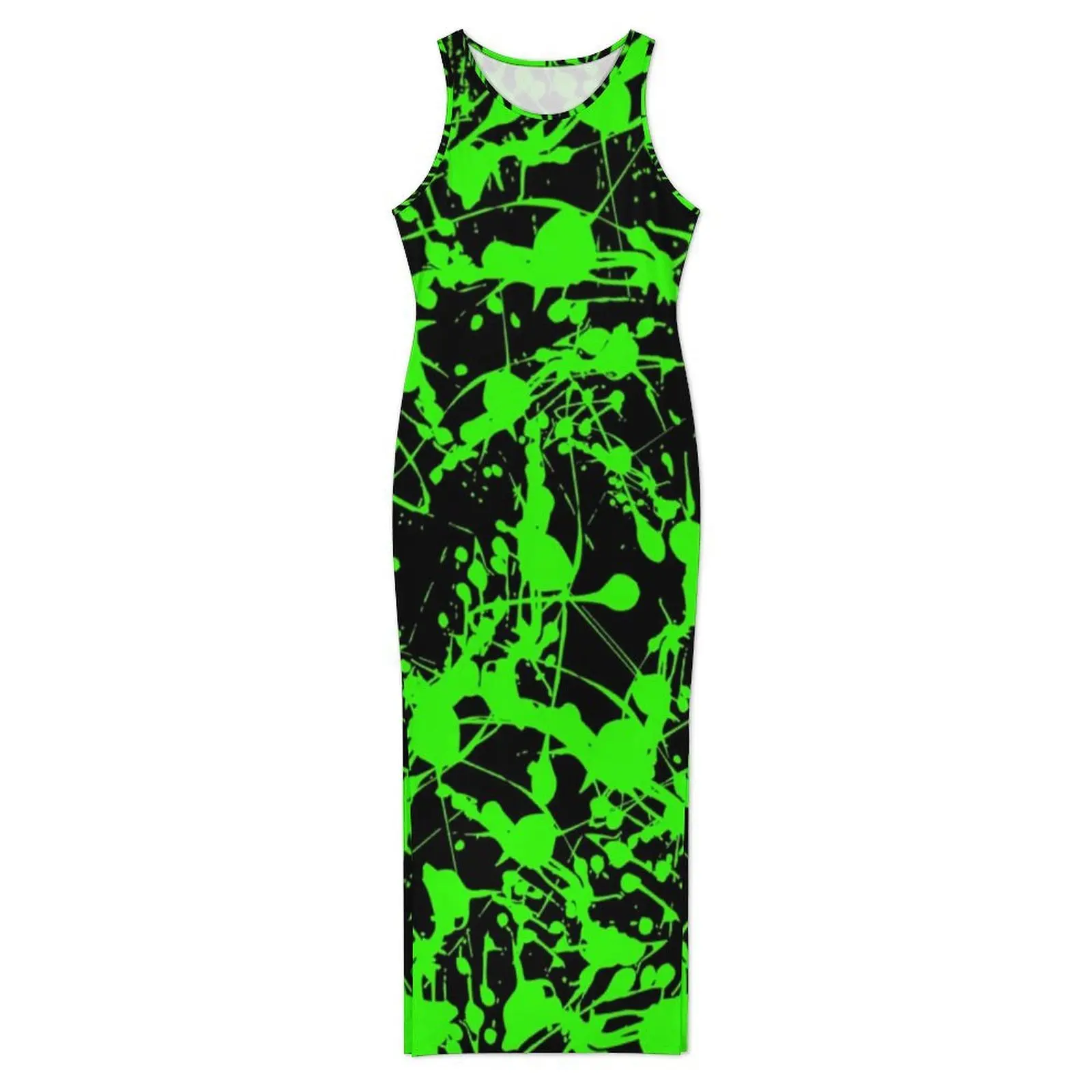 Women Bodycon Dress Retro Green Splash Maxi Dresses Holiday Abstract Print Sleeveless Streetwear Graphic Dress Big Size 3XL 4XL