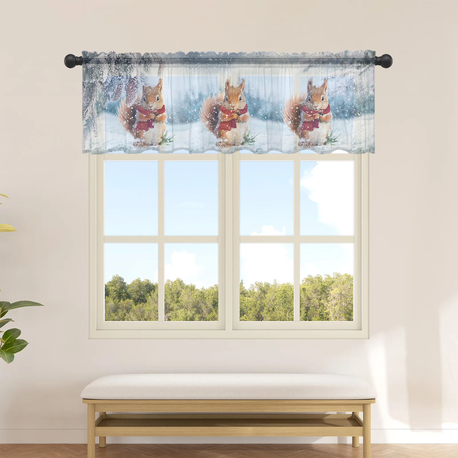 Winter Snow Pine Cone Squirrel Short Tulle Window Curtains Sheer Voile Curtain Kitchen Cabinet Bedroom Home Decor Small Drapes