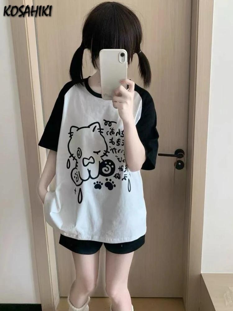 Japanese Summer Cartoon Printing T-shirts Y2k Aesthetic Casual Loose Kawaii Tops Women Contrast Color Patchwork Harajuku Tees