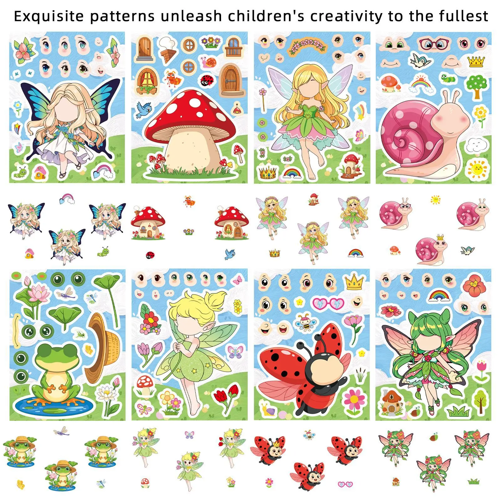 8 Sheets Cartoon Forest Fairy Animal Dress‑Up Stickers Frog Snail Ladybug DIY Mix Match Game Stickers Creative Handmade Toy