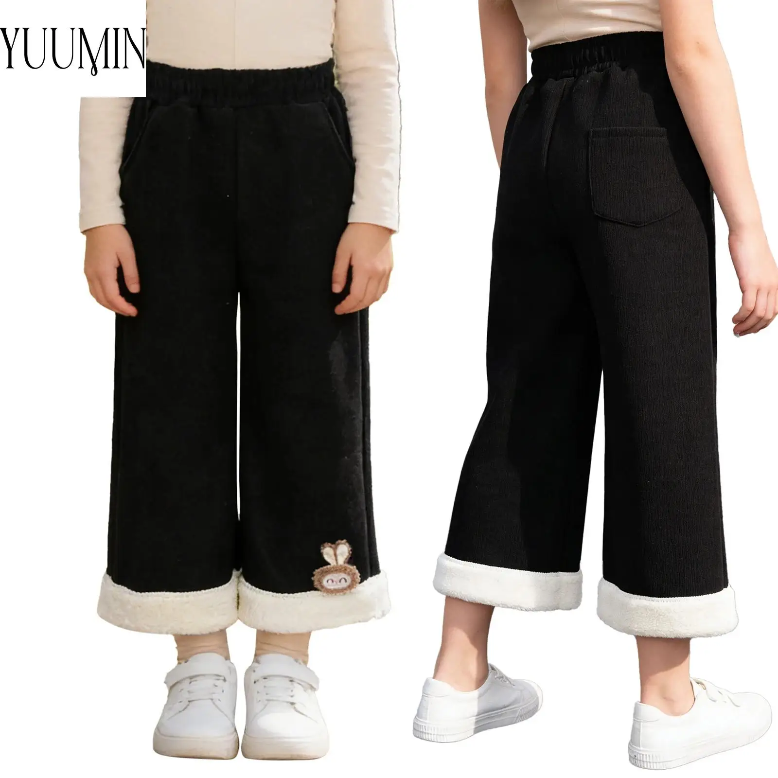 

Kids Girls Warm Fleece-Lined Outdoor Sports Pants Stretchy Wide-Leg Trousers with Pockets for Running School Weekend Daily Wear