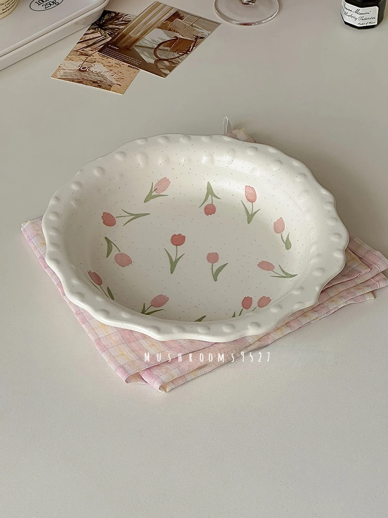 French Vintage Lace Underglaze Tulip Wave Bead Point Plate Household Vegetable Plate Delicate Dessert Cake Dinner Entree Plate