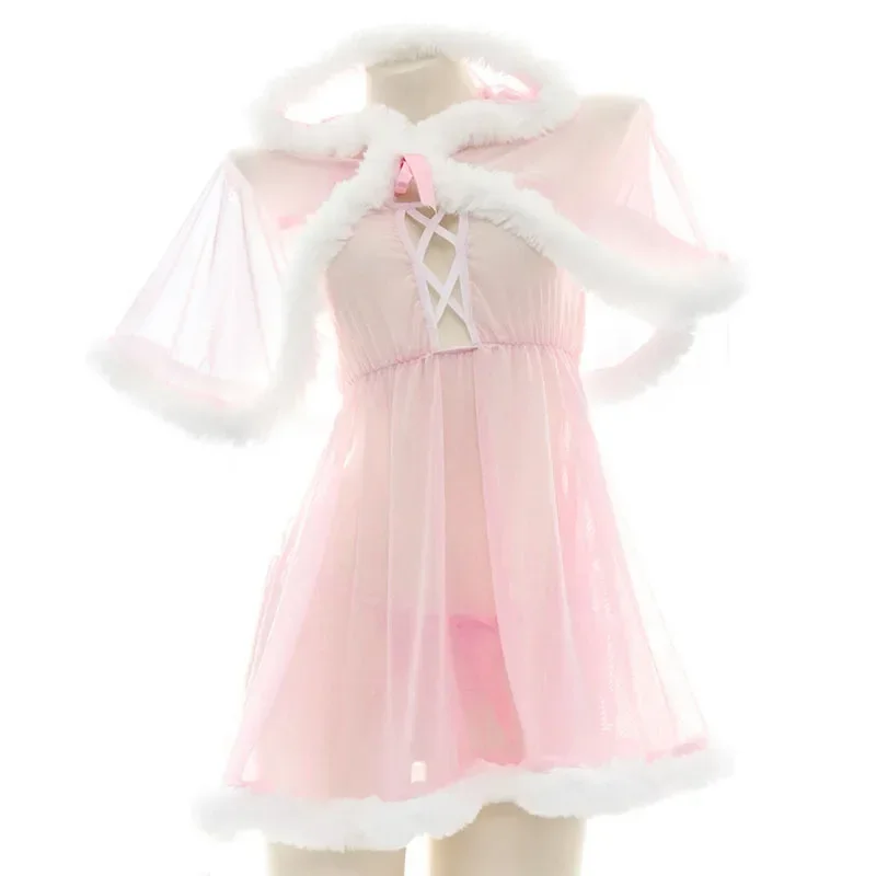 Lolita Princess Sleepwear Chiffon Transparent Kawaii Cute Girl Hollow Plush Mini Dress Tempatation Maid Cloak Costumes Lingerie