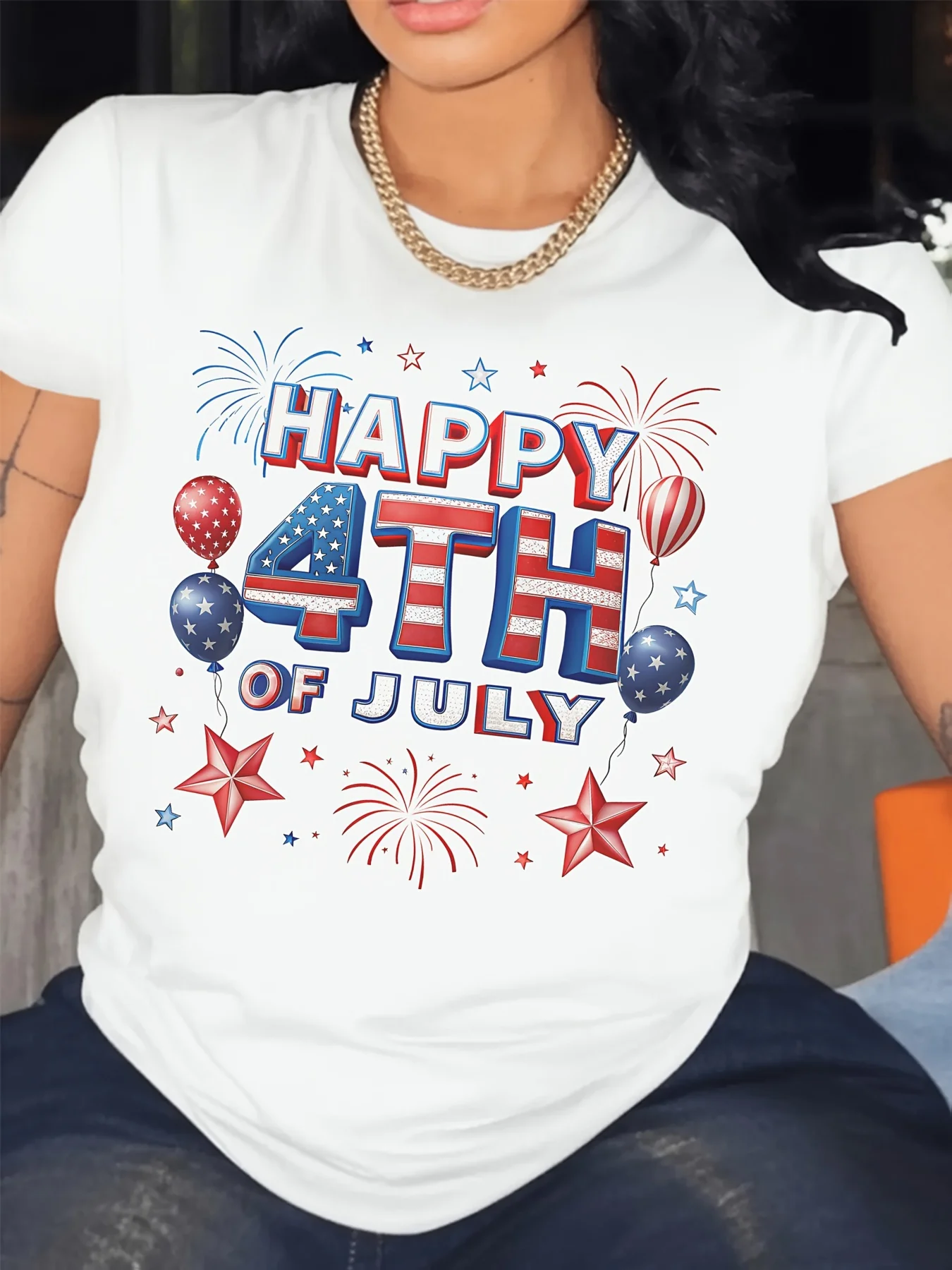 Patriotic Fourth of July T-Shirt - Happy 4th of July Fireworks and Flags Graphic Tee Red White Blue Independence Day