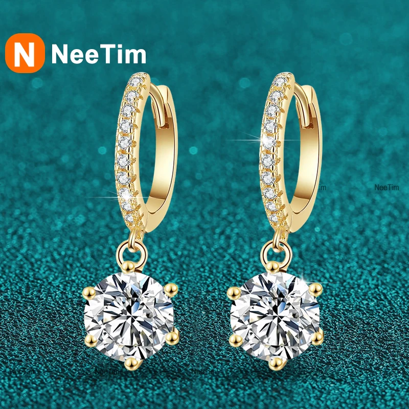 NeeTim 0.5ct 1ct Moissanite Drop Earrings S925 Sterling Silver with Gold Plated Wedding Jewelry With Certificate Hoop Earrings