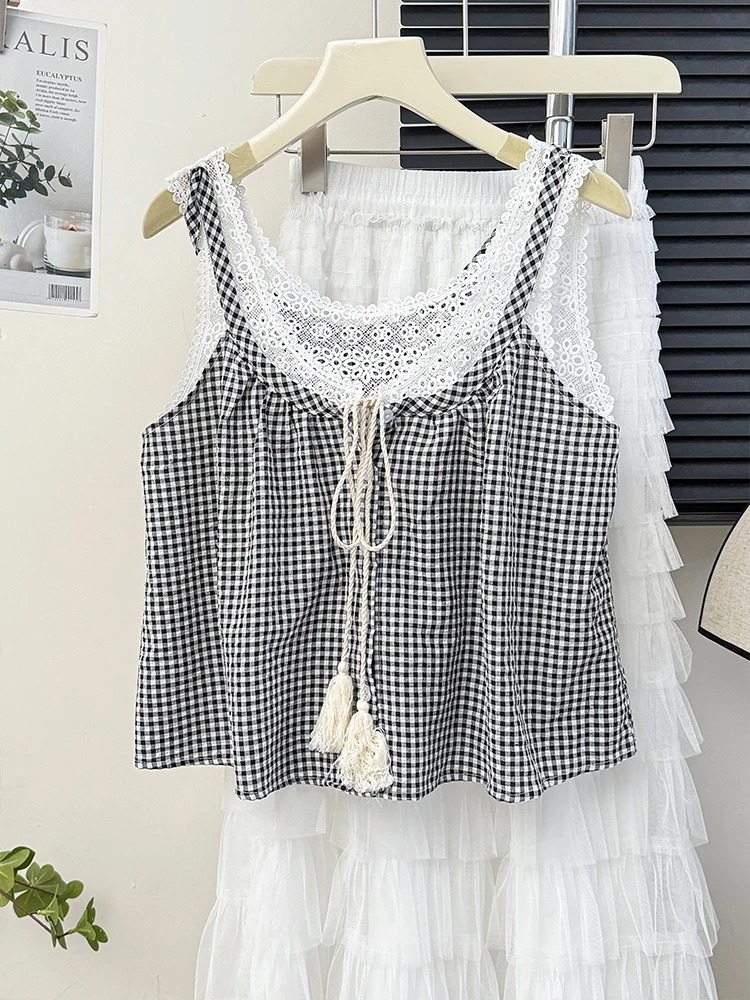 

Sweet Plaid Lace Patchwork Camisole For Women Summer Sleeveless Tassel Single Breasted Female Clothes Casual Versatile Tank Tops