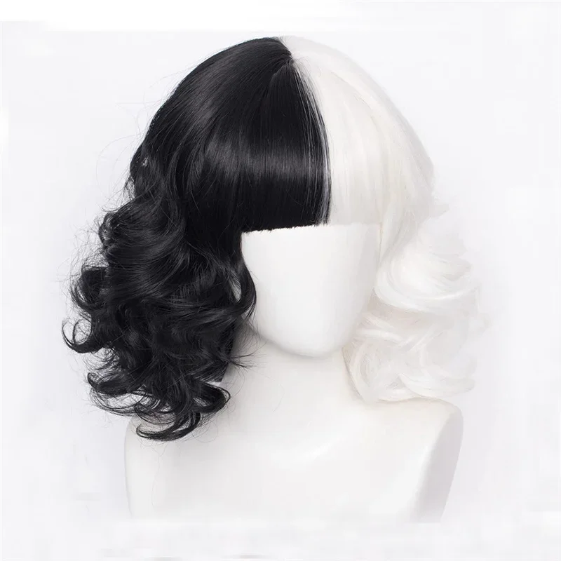 Anime Cruella de Vil Short Cruly Half Black And Half White Cosplay Wig Heat Resistant Synthetic Hair Halloween Hair   a wig cap