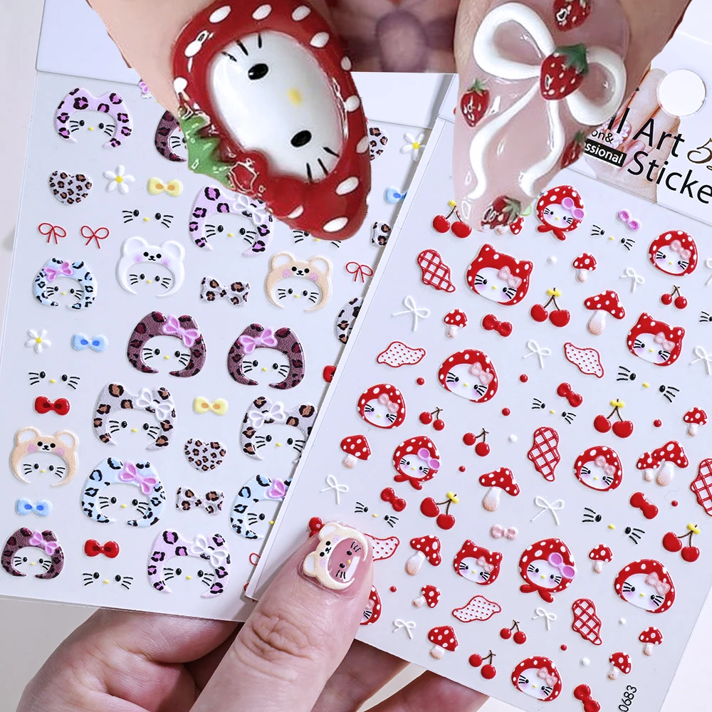 5D漫画帽子レッドチェリーキティキャットネイルアートステッカーかわいいチェリー＆マッシュルームハローキティネイルデカール自己粘着帽子KTスライダー