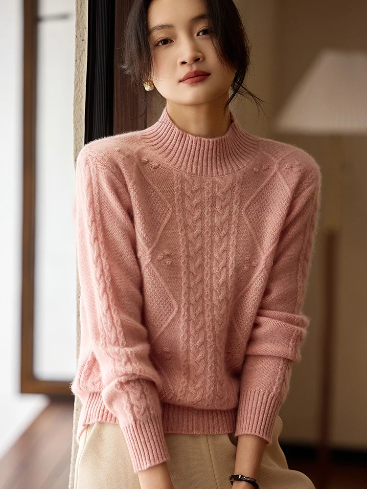 TLOML Nowa damska odzież dzianinowa ze 100% wełny merino, golf, dzianina w warkocze, jesień-zima, wygodna, miękka, kaszmirowa odzież dzianinowa, topy