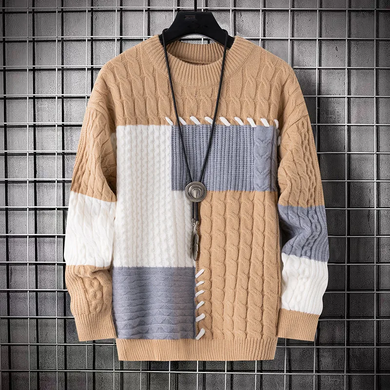 

Autumn Winter Men's Patchwork Knitted Pullovers O-Neck Fashion Casual Sweater Men Youthful Vitality Warm Pullover Knit Sweaters