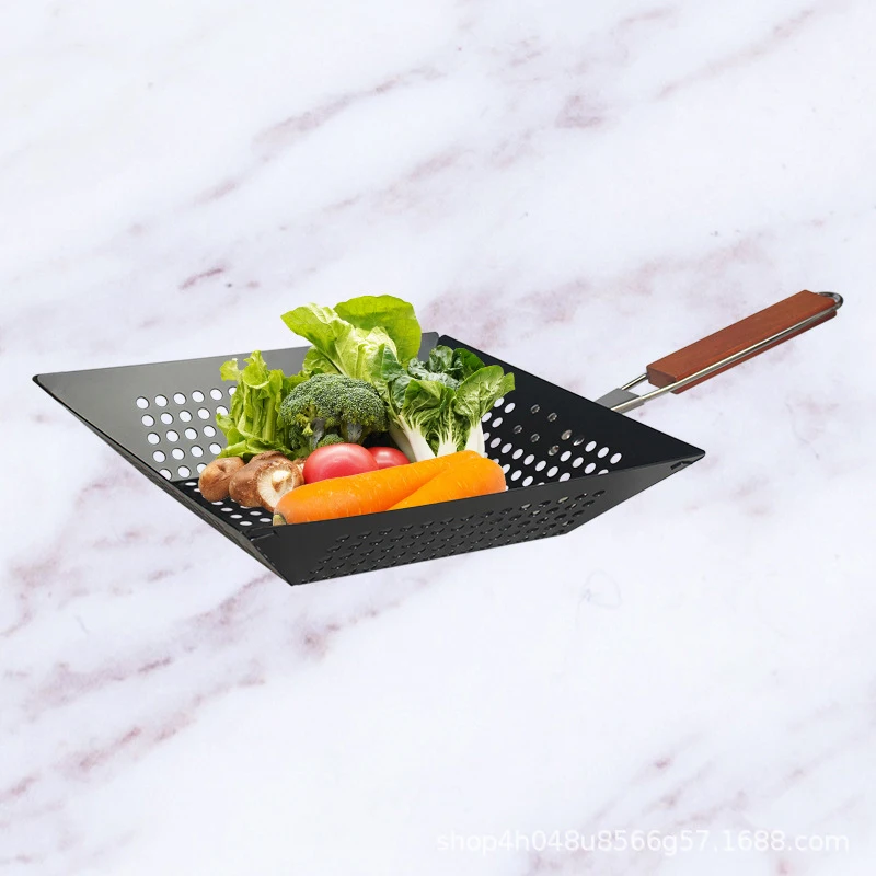 

Folding wooden handle vegetable grill pan, food-grade non-stick coated barbecue basket, perforated grill pan, oven accessories,