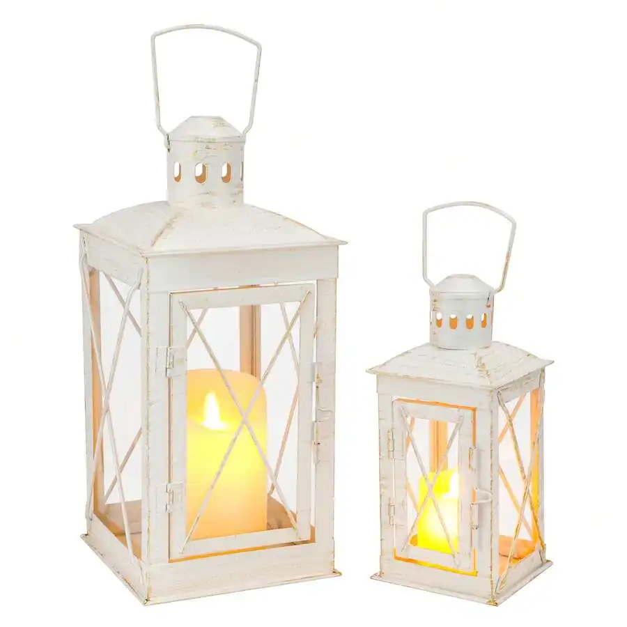 Set Of 2 Decorative Candle Lantern 12'' & 8'' High Metal Candle Holder Hanging Lantern Perfect For Home Decor Patio Living Room