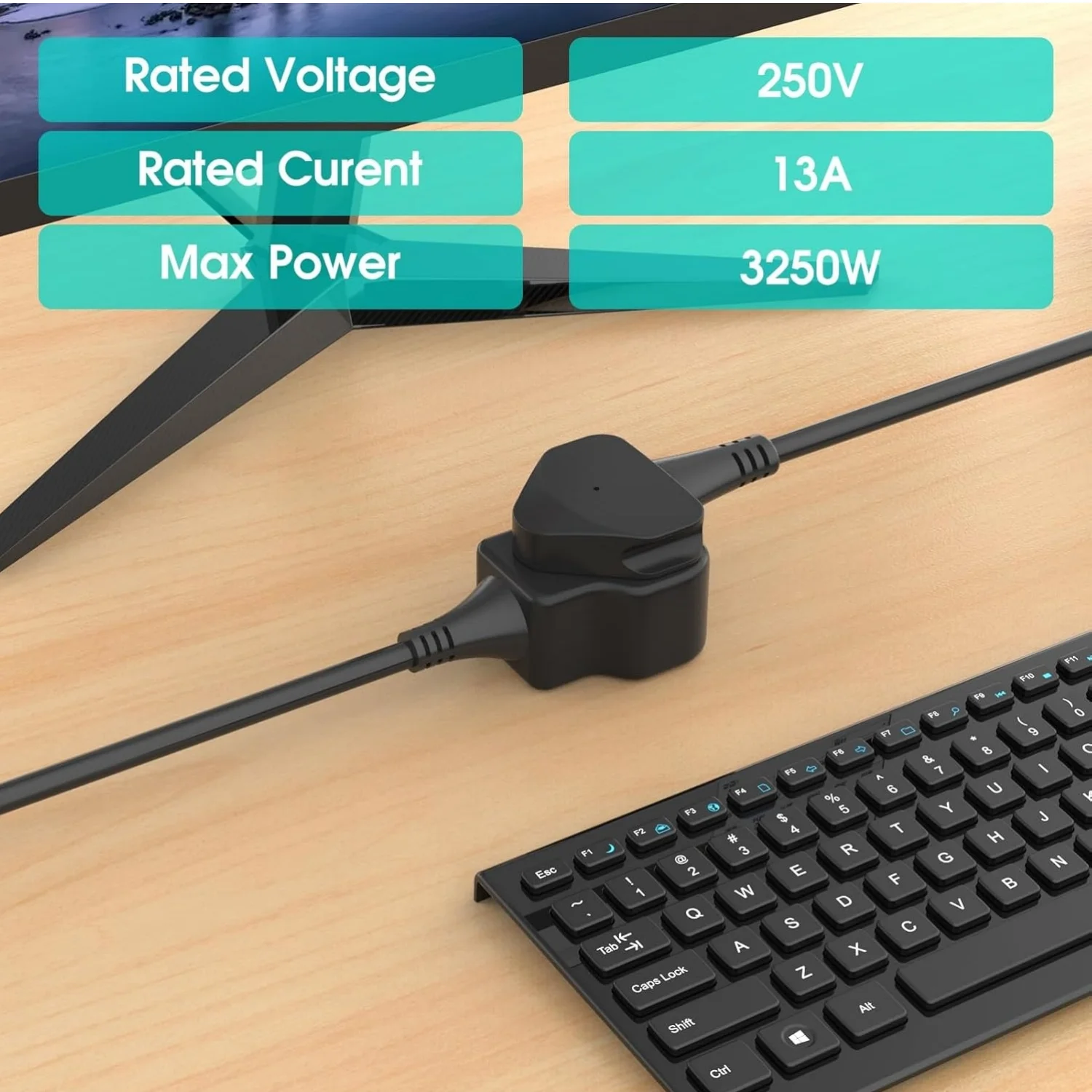 1pc UK black power extension cord socket 13A 3250W high power use suitable indoor and outdoor use power cord extension socket