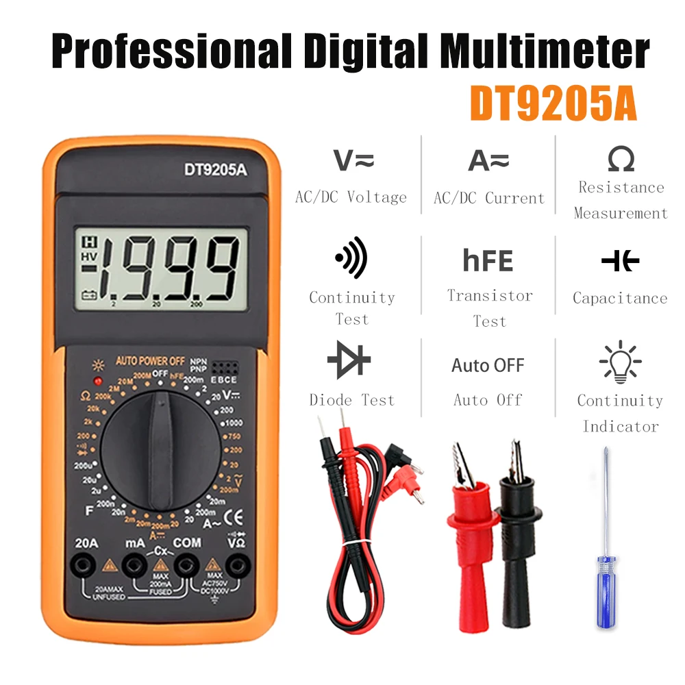 Professional Multimeter DT9205A Digital Tester Manual Range Voltage Meter TRMS Hz Ohm Transistor Tester Electrician Tool