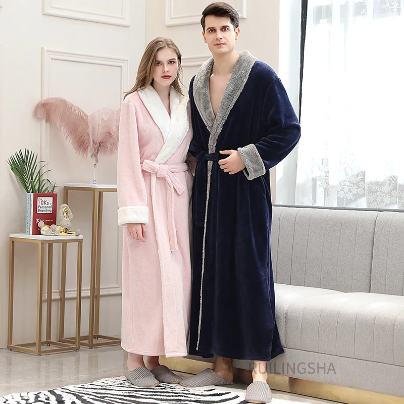 Women Plus Size Extra Long Flannel Bathrobe Warm Dressing Gown Plus Size Bath Robe Coral Fleece Winter Men Cozy Sleepwear Bride