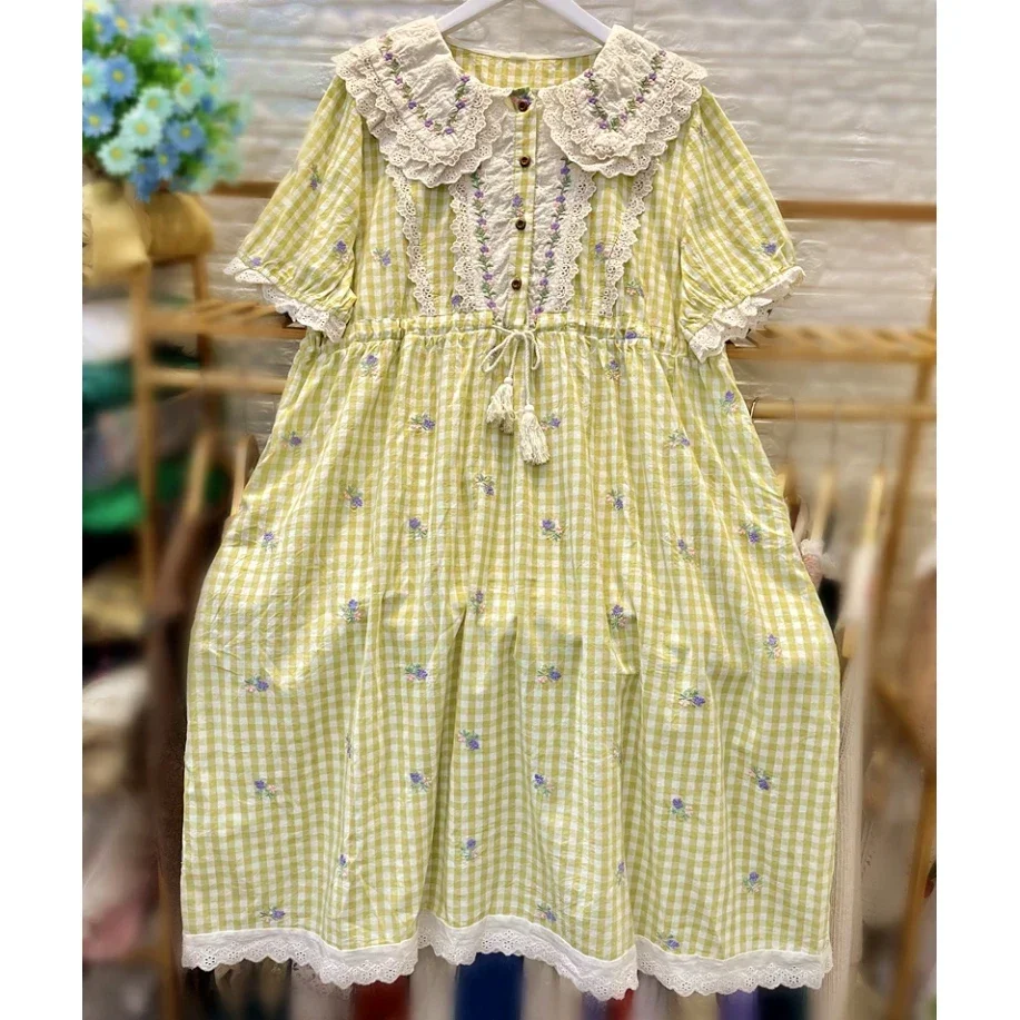 Women Mori Girl Cotton Eyelet Lace Floral Embroidery Plaid Tea Length Tunic Long Yellow Dress Vintage Shabby Chic Cottage Dress