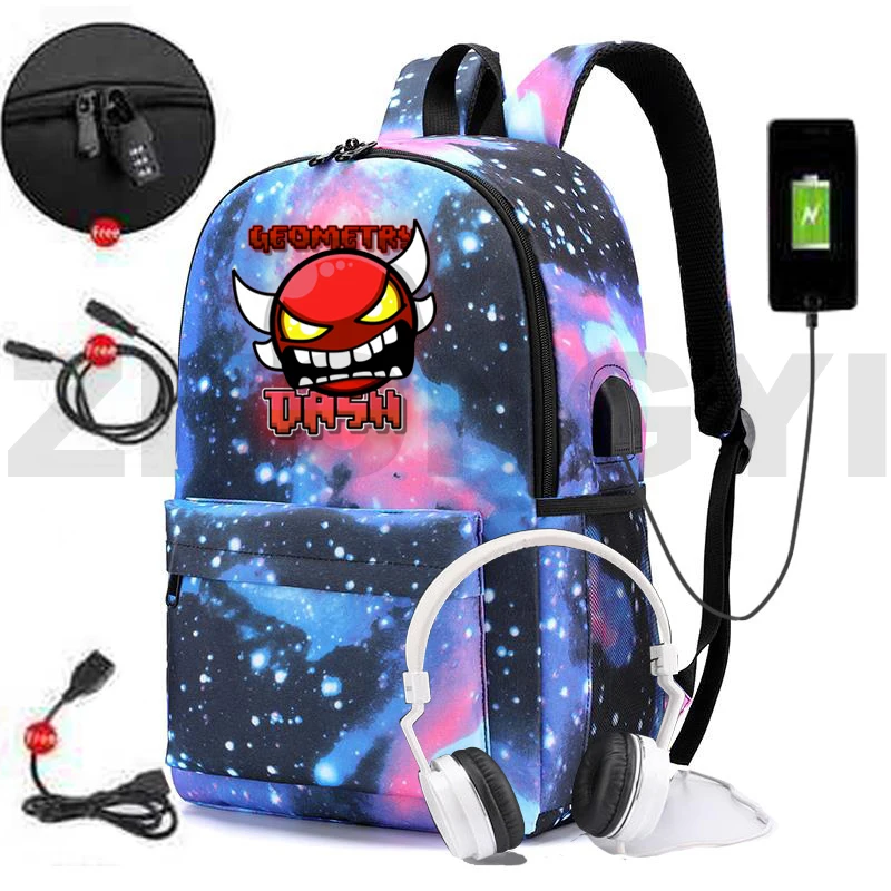 Angry Geometry Dash USB Charging Backpack Game Geometry Dash Anti Theft Big School Bags for Girls Men Laptop Business Mochila