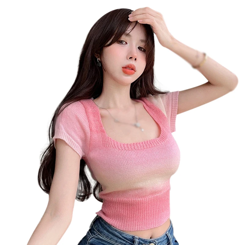 Women's Korean Version Slim Knitted T-shirt Fashion Gradient Low-cut Square Collar Casual Versatile Summer Crop Top .