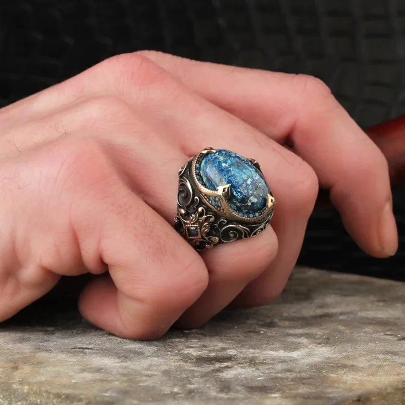 Gothic Vintage Pattern Carving Blue Stones Rings for Men Masculine Cool Silver Finger Bands Party Hiphop Unique Accessory 5