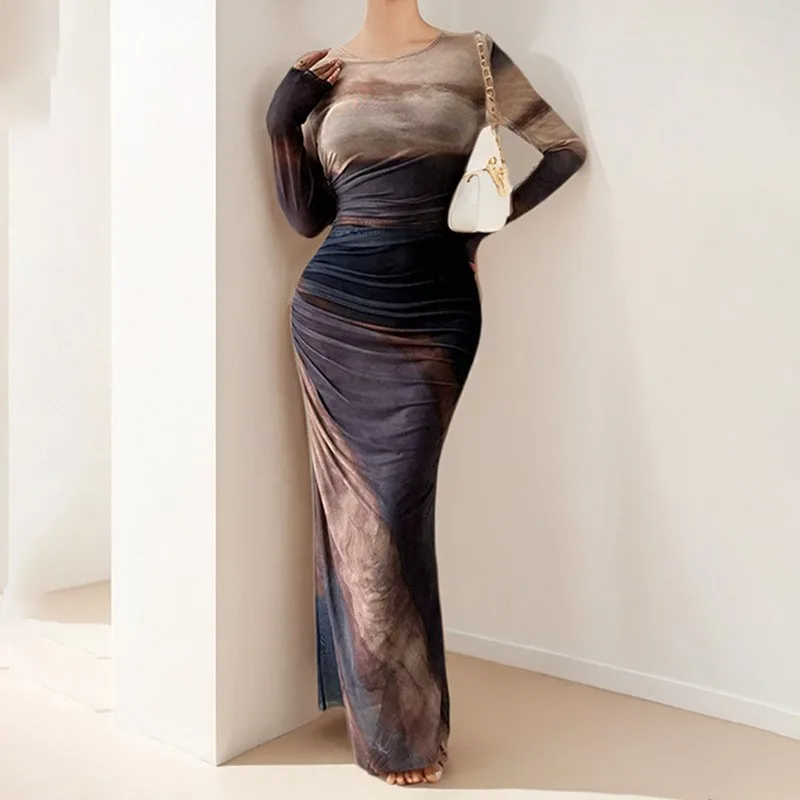 

2025 New Women's Clothing Sexy Slim Waist Wrinkled Smudged Gradient Color Long Long Sleeve Dress Women's Tight Long Skirt Dress