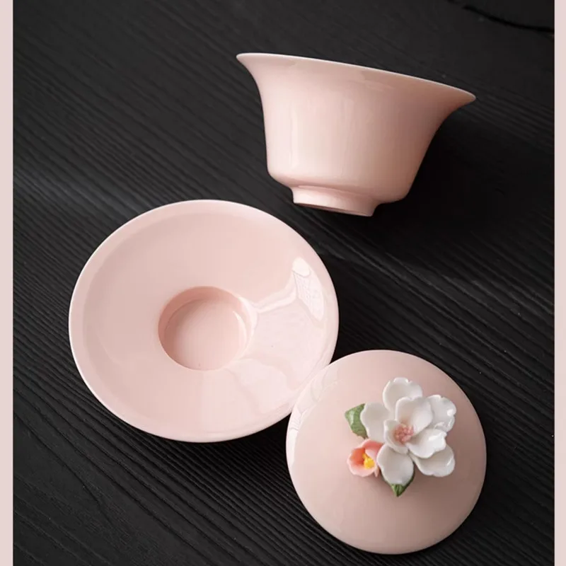 Creative Hand-kneading Flowers Ceramic Gaiwan Handmade Suede Jade Porcelain Tea Tureen Teacup Household Tea Bowl Chinese Teaware