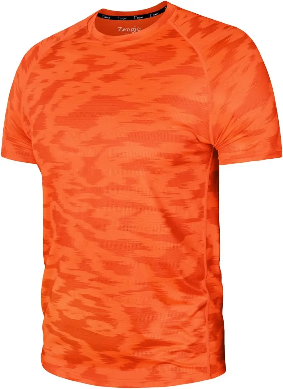 Men Orange Camo Sports T-Shirt Quick Dry High Elastic Raglan Short Sleeve Running Fitness Athletic Top