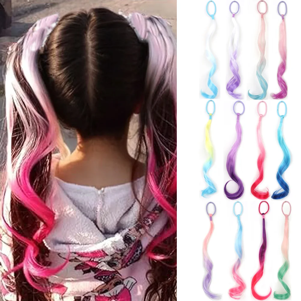 Extensiones de cabello de colores ligeros de 14 pulgadas, extensiones de cabello de colores sintéticas para niños, extensión de cola de caballo rizada con lazo elástico