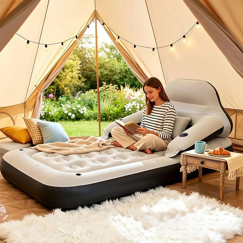Twin Size PVC Inflatable Sofa Bed with Detachable Headboard - Anti-Leak, 550 lbs Capacity, Even Weight Distribution, Fast Conversion, 2 Adults Fit, Dual Cup Holders, Camping Backpacking Gear, Lounge Chair, Indoor Travel Use