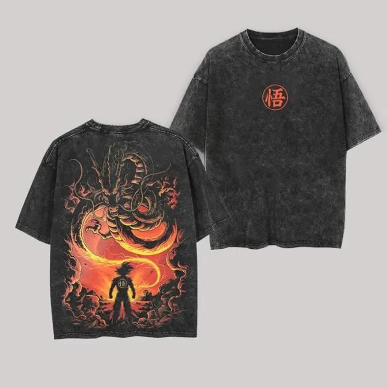 Dragon Ball Goku T-Shirt Shenron Herren Acid Wash Übergroßes Anime Feuerrot Go Logo Baumwolle Vintage Gym Streetwear Grafik-Rückendruck Tee