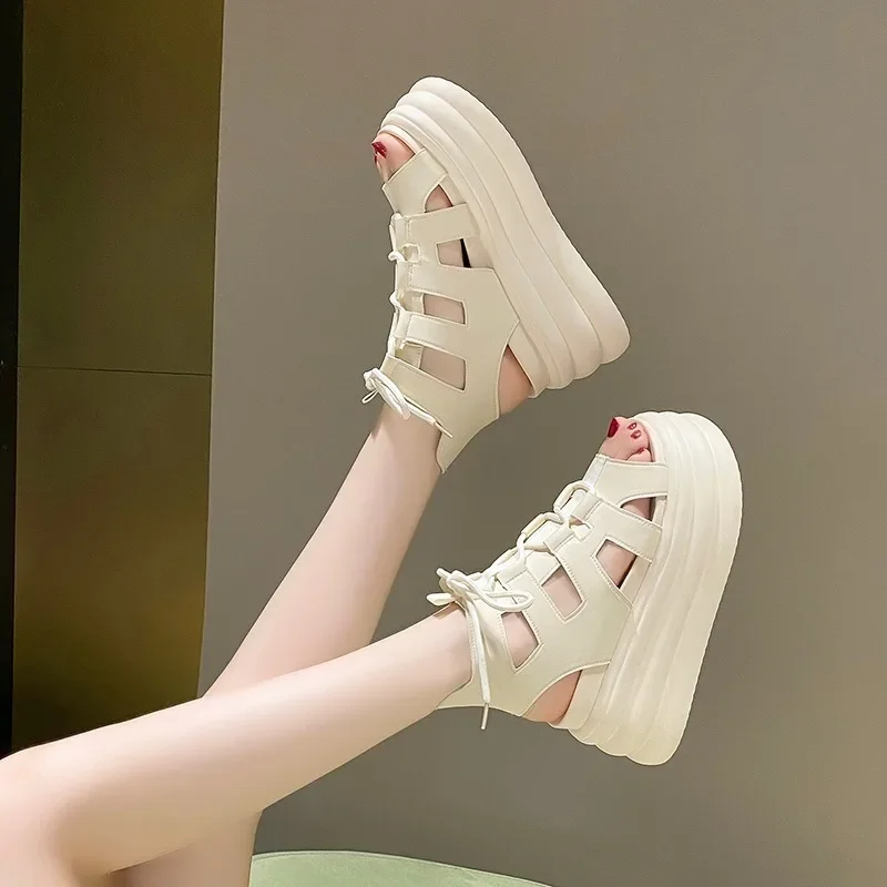 8.5CM Thick Bottom Gladiator Shoes Woman New Summer Chunky Sneakers High Platform Sandals Hollow Out Wedge Heels Beach Sandalias