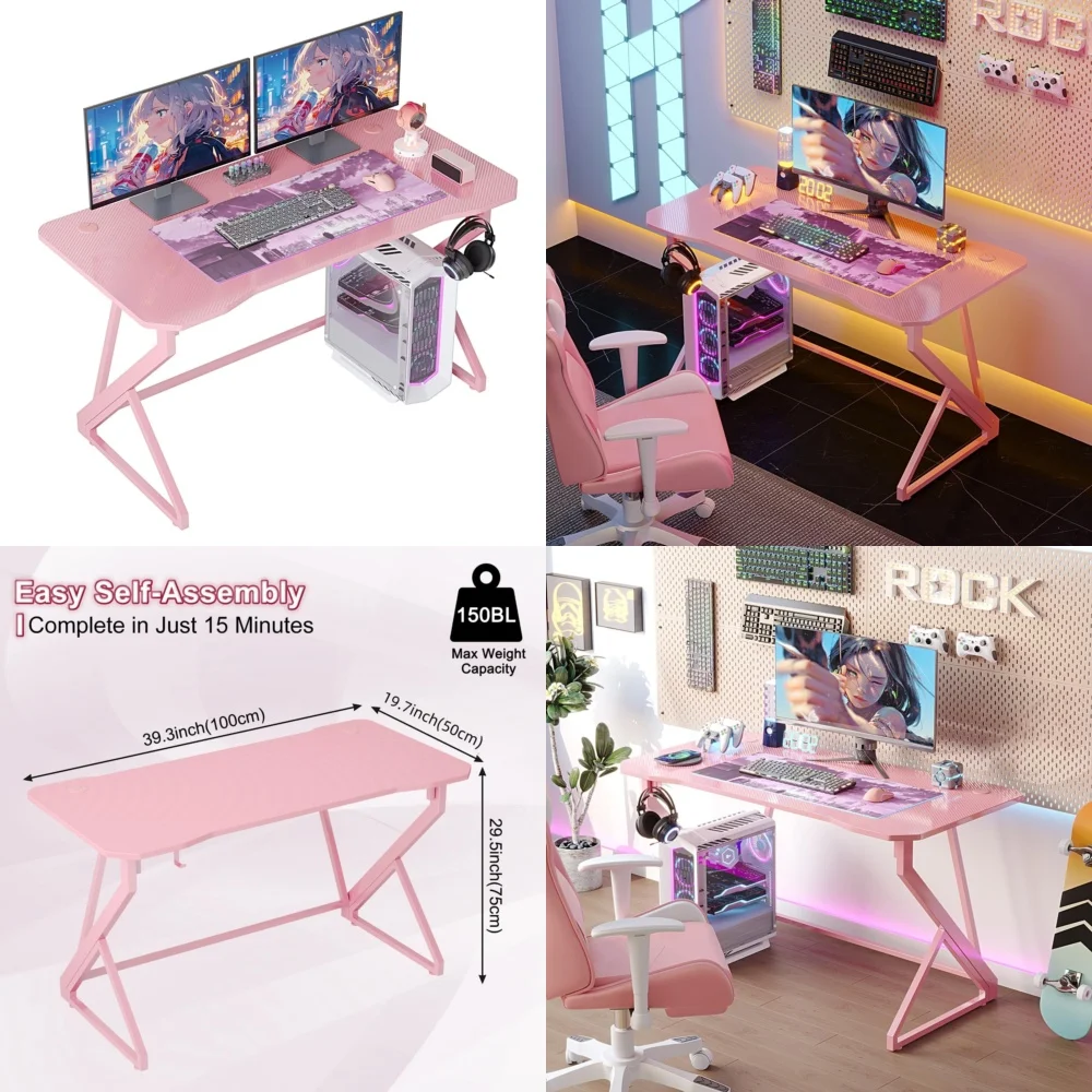 

Computer Desks40 Inch Z Shaped Gaming Desk with Carbon Fiber Finish for Gamers and Home Office