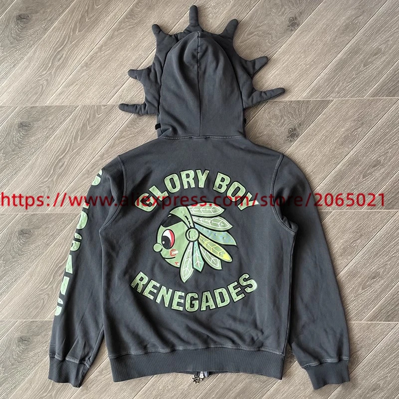 2024fw Washed Ash Glo Gang The Glory Renegades Full Zip Hoodie Men Women Casual Vintage Hooded