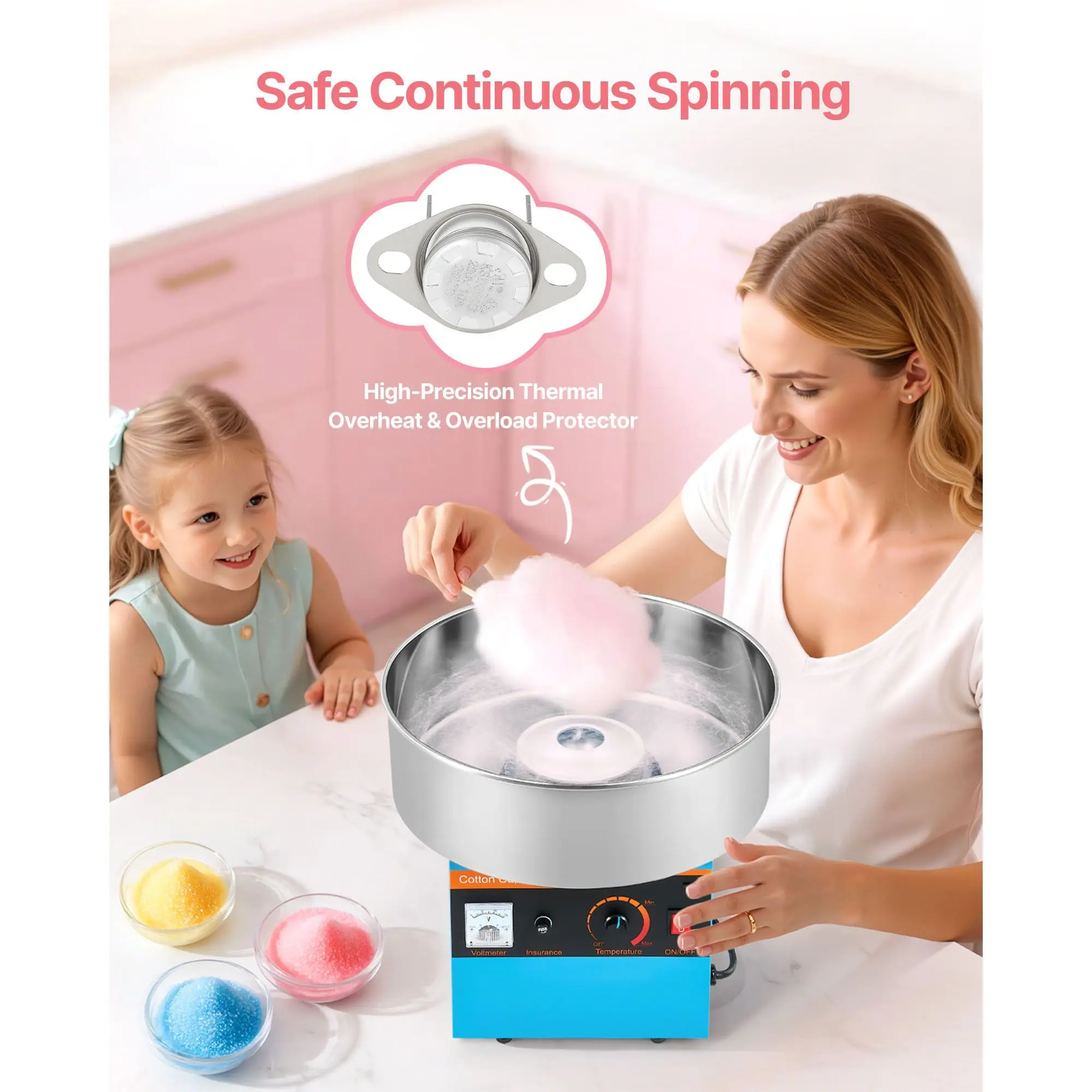 Cotton Candy Machine Commercial, 1000W Electric Candy Floss Maker, Easy Use with 15 Inch Stainless Steel Bowl and Sugar Scoop