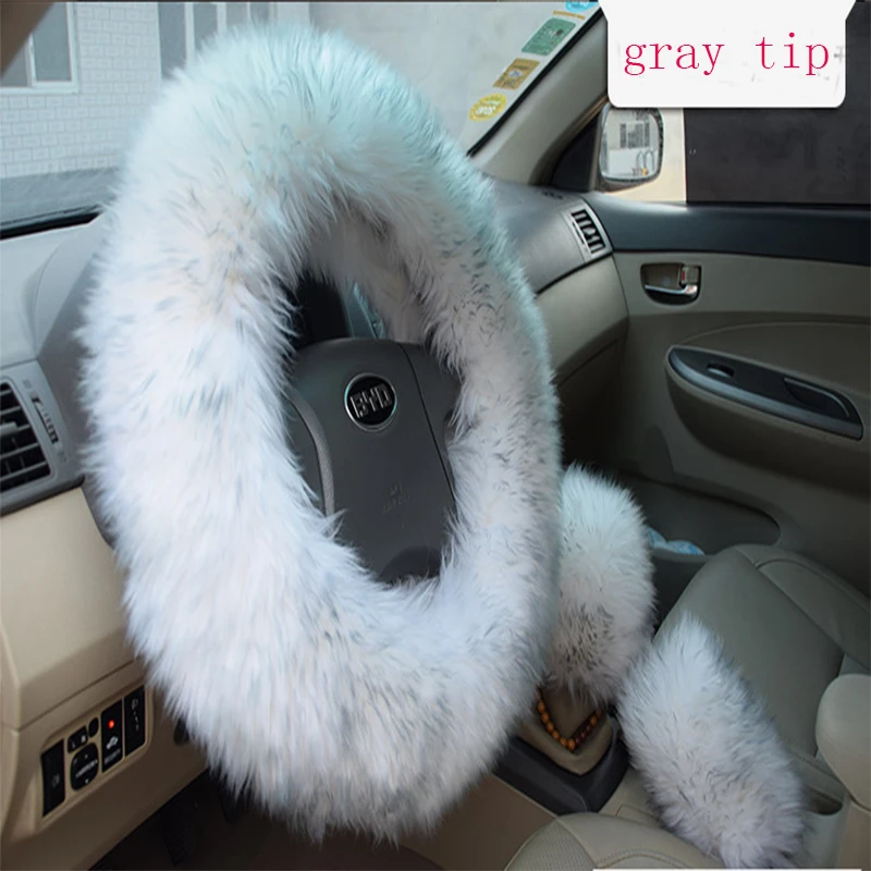 3PCS Genuine Sheepskin Steering Car Wheel Cover Real Fur Auto Plush Warm Fluffy Fuzzy Car Accessories For Women Girl