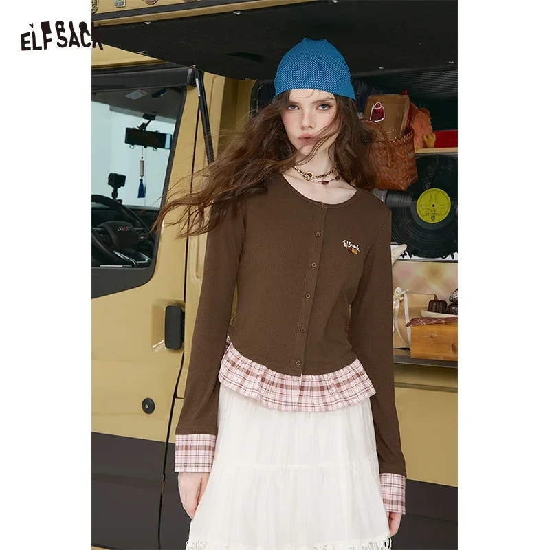 ELFSACK Women's Y2K Knit Cardigan with Plaid Ruffle Hem & Cuffs, Embroidery Detail Button‑Front Top for Autumn Daily Wear