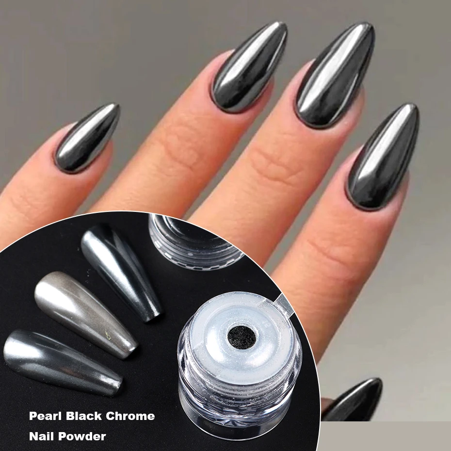 Polvo de uñas con espejo cromado negro Y2K, pigmento nacarado metálico, estilo gótico, decoración de polvo para frotamiento, manicura