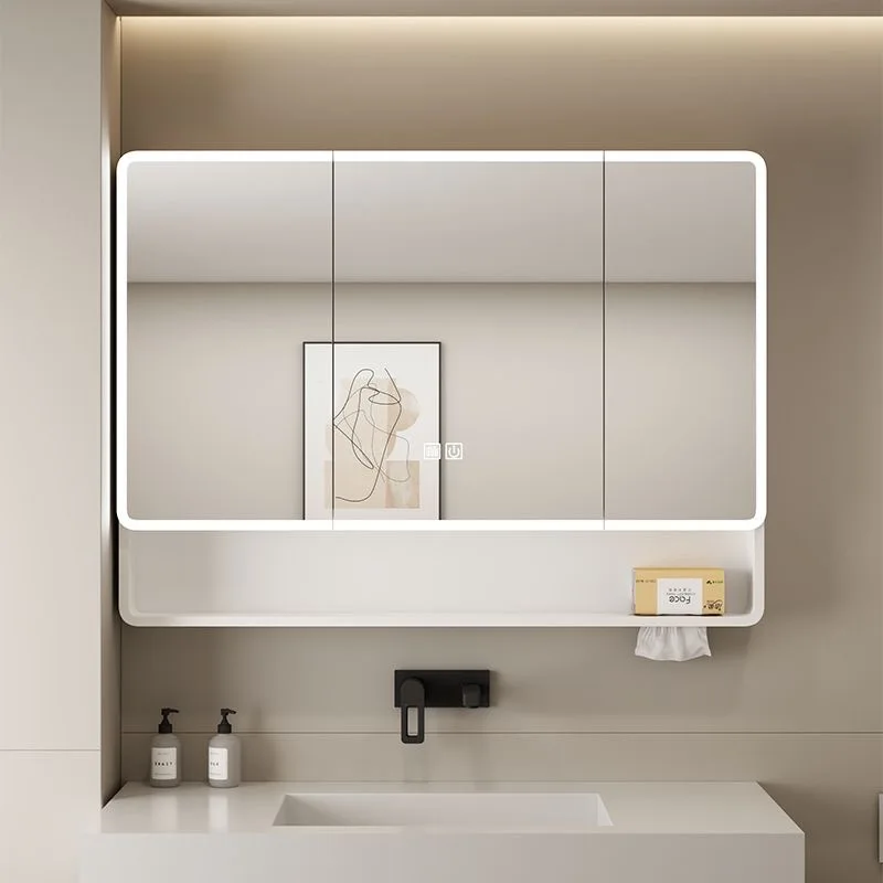27 * 51 Inch Space Aluminum Bathroom Mirror Cabinet Storage Locker Mirror Table Smart Led Light Luminous with Tissue Hole Vanity