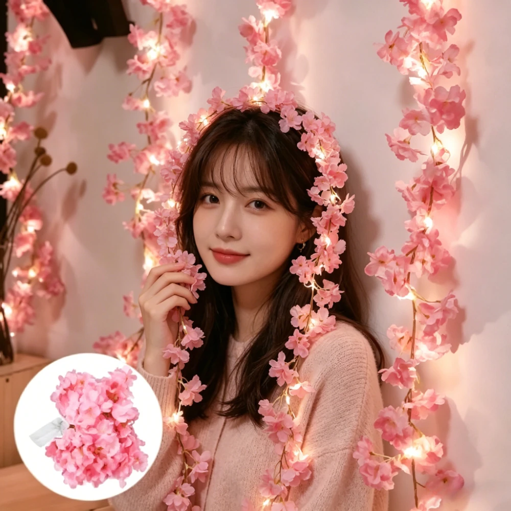 2M 20LED Cherry Blossom String Lights Artificial Flower Vine Garland Fairy Lights for Wedding Party Bedroom Holiday Decor