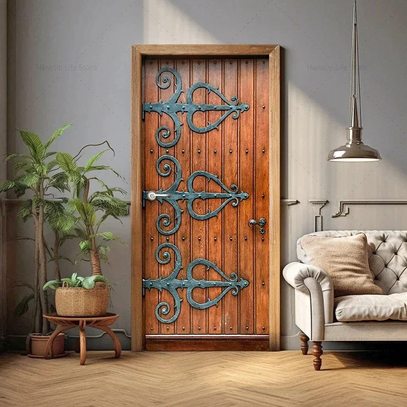 Retro Brown Wood Texture Background Door Sticker Self Adhesive Wooden Design Door Poster Wallpaper Home Decoration Stickers