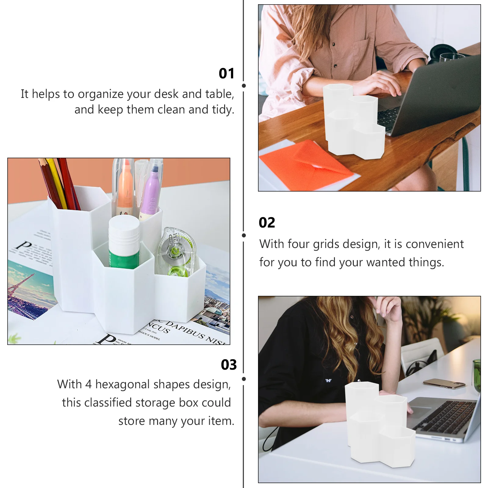 

1pc Hexagonal Pen Plastic PP 4 Grids Desk Organizer Pencil Pot Storage Container Storage Container Makeup Tools Keeper