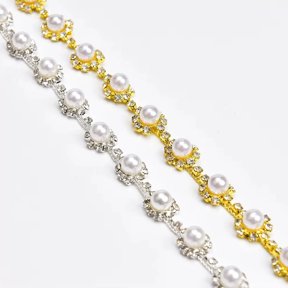 

1Cm Round Rhinestone Pearl Flower Chain Trim Silver Gold Base Clothing Decorative Belt For Elegant Dress Diy Shoes Bags Ornament