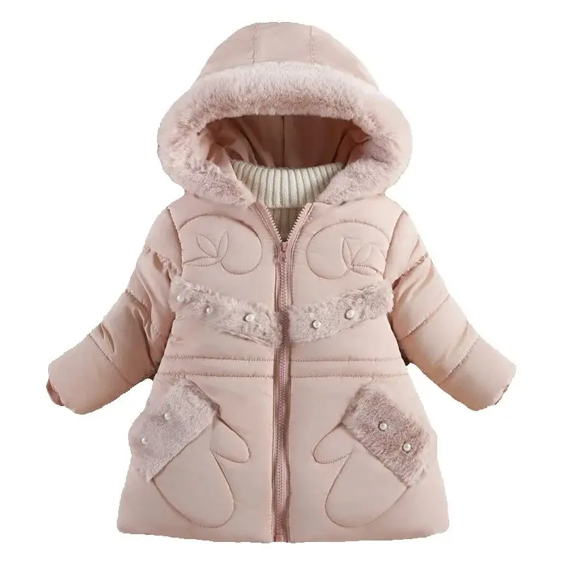 Girls Hooded Zipper Coat Winter Fur Collar Add Velvet Thick Warm Jacket New Bead String Baby Outerwear Kids Infant Autumn Clothe