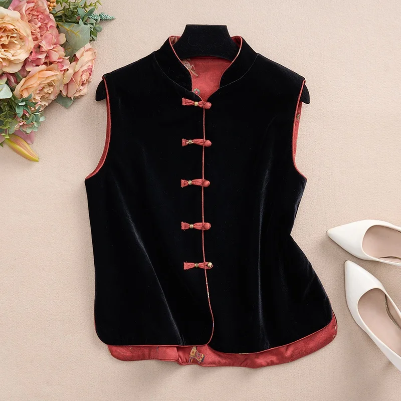 

New Chinese Style Gold Velvet Double-Sided Wearable Large Size Women's Jacket with Stand Collar And Button Design Fashionable